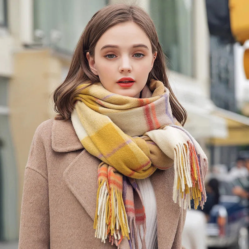 Lambswool Scarf Checkered Camel Plaid — Camel | KIMLUD