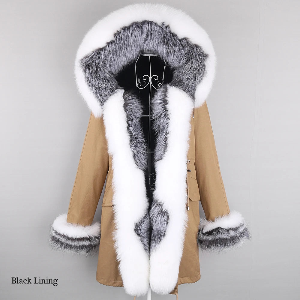 2024 Winter Jacket Women Natural Raccoon Fur Collar  Real Fur Coat Color matching Hood Cuffs Thick Warm Outerwear New Long Parka