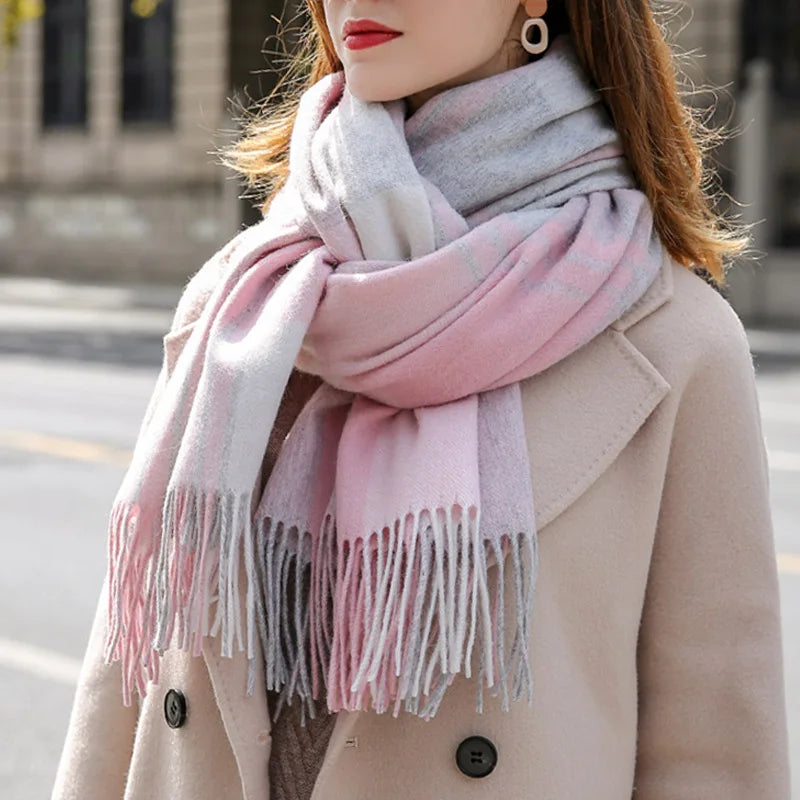 Lambswool Scarf Checkered Camel Plaid — Camel | KIMLUD