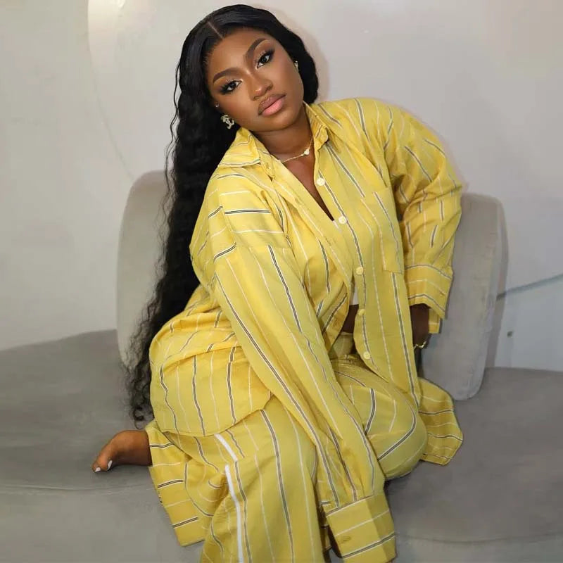 Boutique Wholesale 2025 Autumn New Fashion Collar Loose Striped Shirt Casual Pants Women's Set