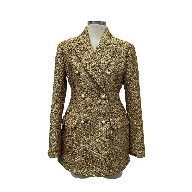 Leather Jacket With Refined Plaid-Weave Texture And Sculpted Silhouette — Golden-Beige | KIMLUD