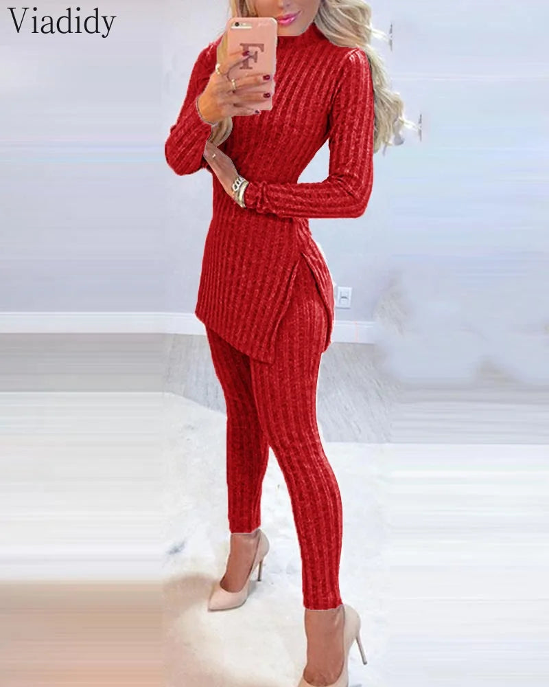Women Winter 2pcs Suit Long Sleeve Ribbed Slit Long Top and High Waist Knitted Pencil Pants Set