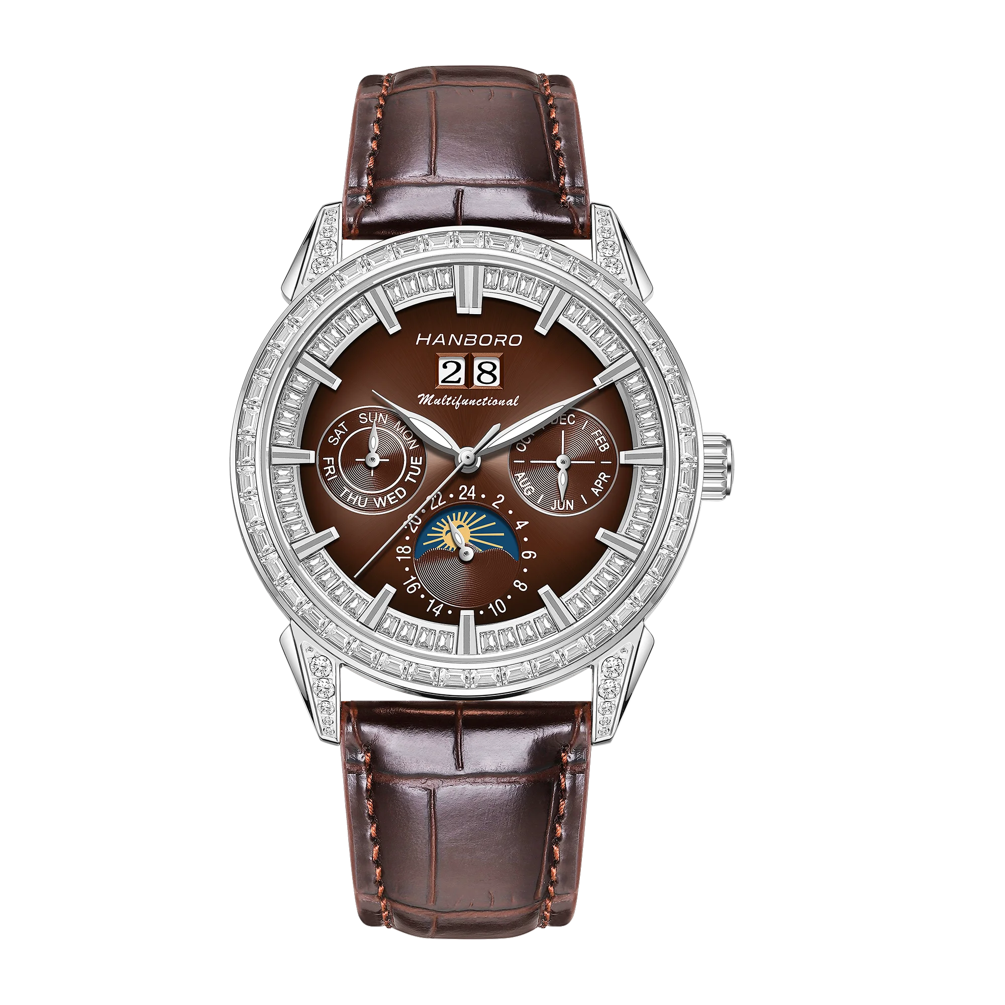 HANBORO Men's Luxury Automatic Mechanical Sports Watch Hollow Pointer Full Diamonds Calendar Luminous Stainless Steel