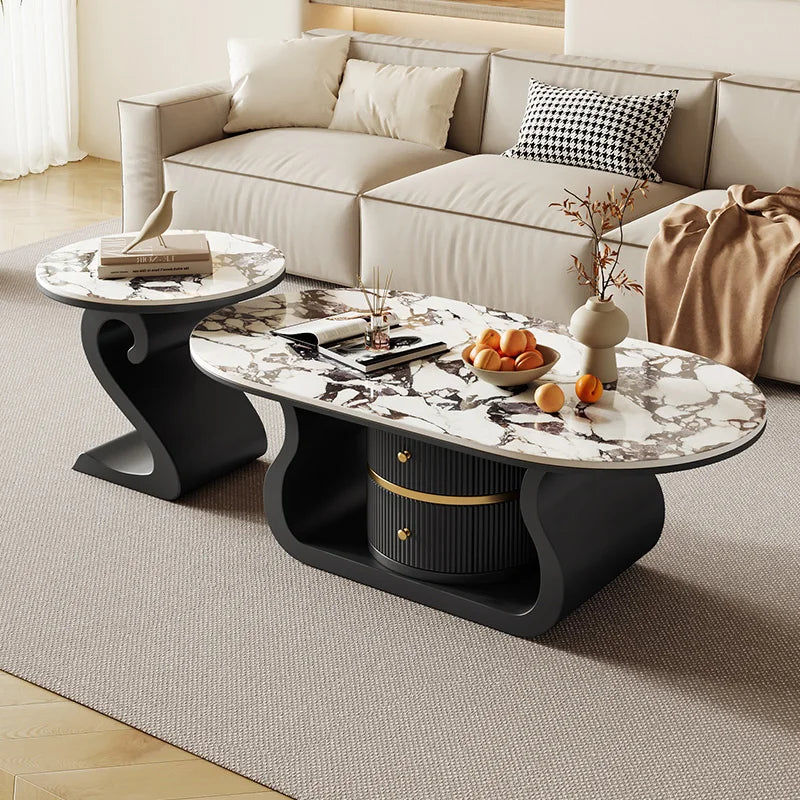 Oval Coffee Table With Integrated Lighting And Sculptural Twin-Curve Metal Base — White | KIMLUD