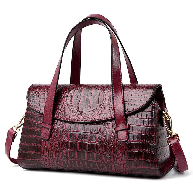 PU Leather Top-Handle Tote Alligator Crossbody — Black | KIMLUD