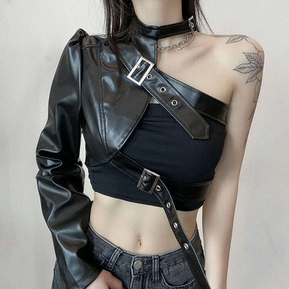 KIMLUD, Women Fashion Punk Style Crop Tops Cool Single Long Sleeve Neck Hanger Leather Belt Connected Tops Streetwear Jackets, KIMLUD Womens Clothes