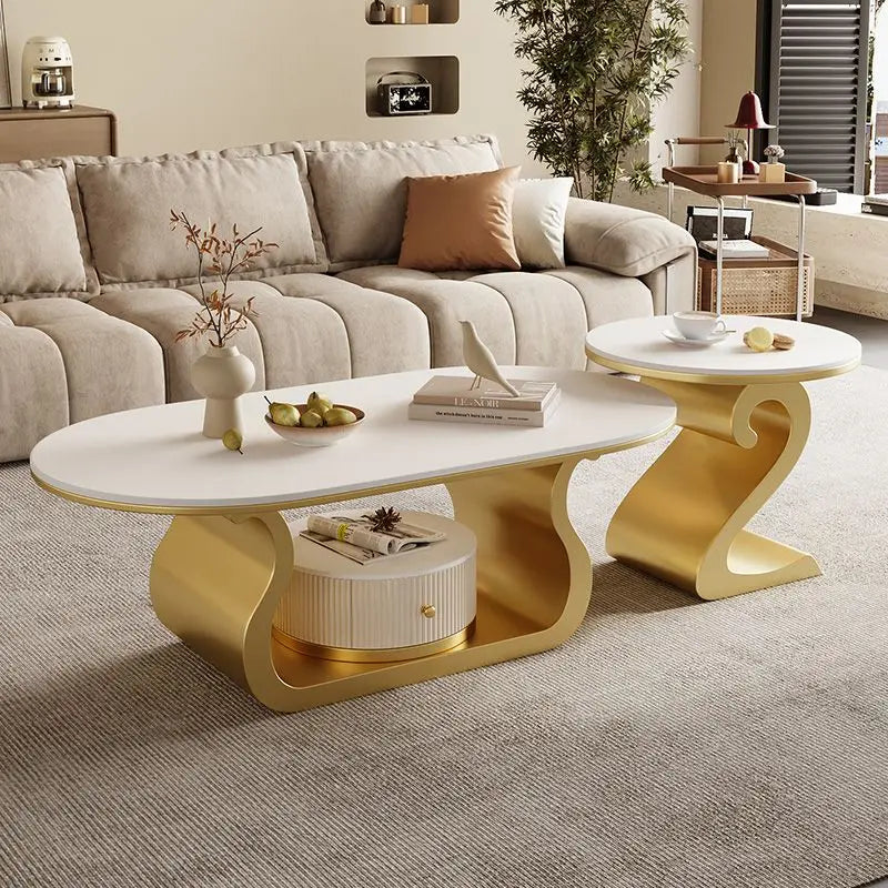 Oval Coffee Table With Integrated Lighting And Sculptural Twin-Curve Metal Base — White | KIMLUD