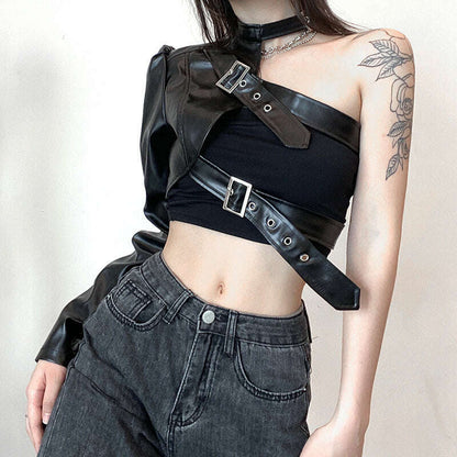 KIMLUD, Women Fashion Punk Style Crop Tops Cool Single Long Sleeve Neck Hanger Leather Belt Connected Tops Streetwear Jackets, KIMLUD Womens Clothes