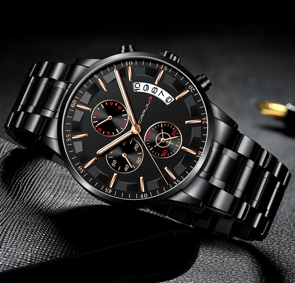 CRRJU 2261 Hot Sell Chinese Gents Quartz Watch clear Steel Strap Luminous Chronometer Calender Outdoor Hand Watch
