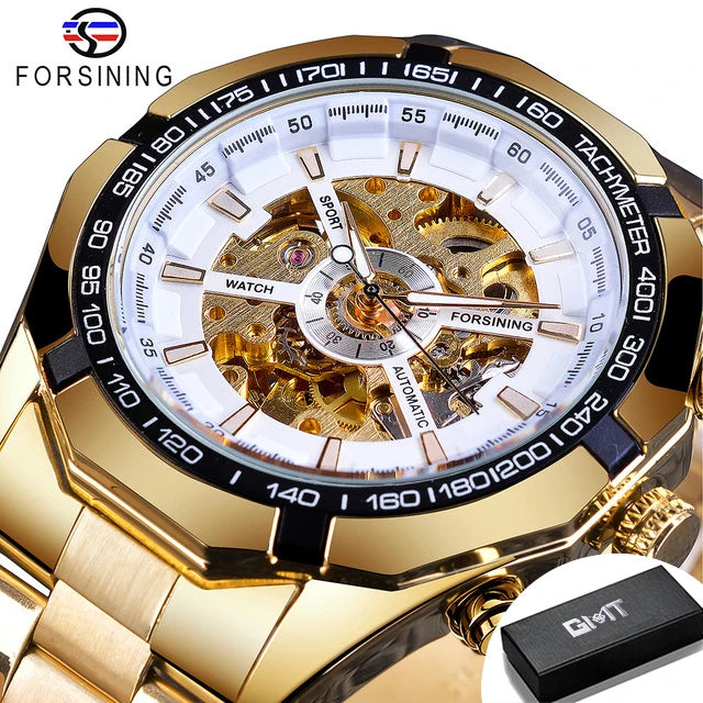Forsining 2025 Stainless Steel Waterproof Mens Skeleton Watches Top Brand Luxury Transparent Mechanical Sport Male Wrist Watches