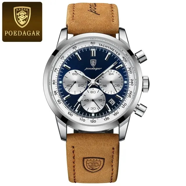 POEDAGAR Men's Watch High Quality Waterproof Chronograph Luminous Men's Wristwatch Leather Quartz Watches Casual Clock 921