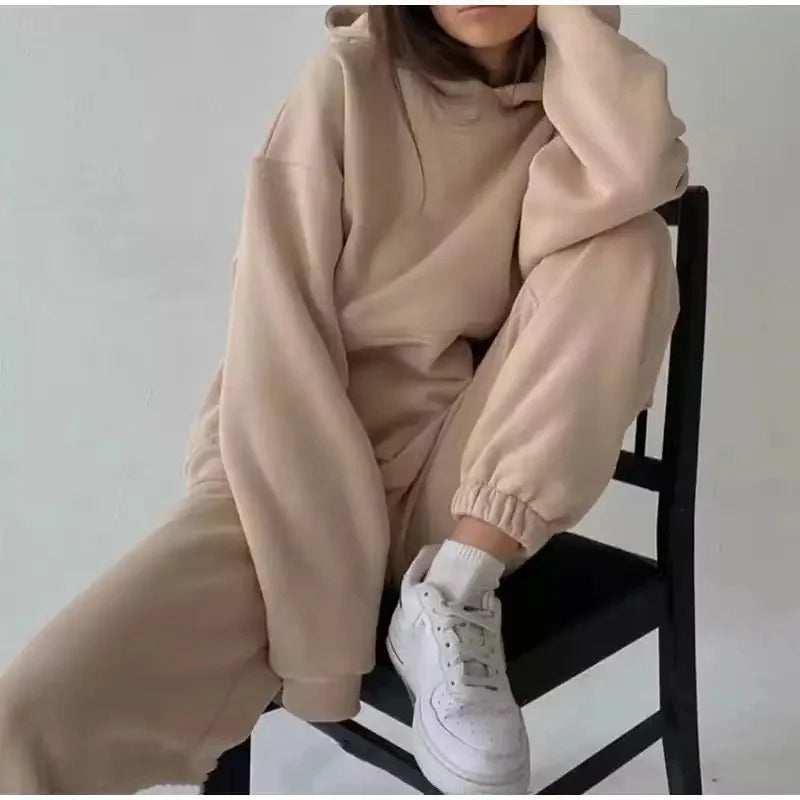 Oversized Tracksuit Set Two Piece Winter Fleece Hoodie and Sweatpants Cozy Warmth — Beige | KIMLUD