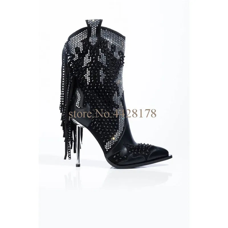 Fashion Womens Rhinetone Embellished Over The Knee Boots Crystal Fringe Party Shoes Autumn Thigh 10cm Metal High Heel Long Boots