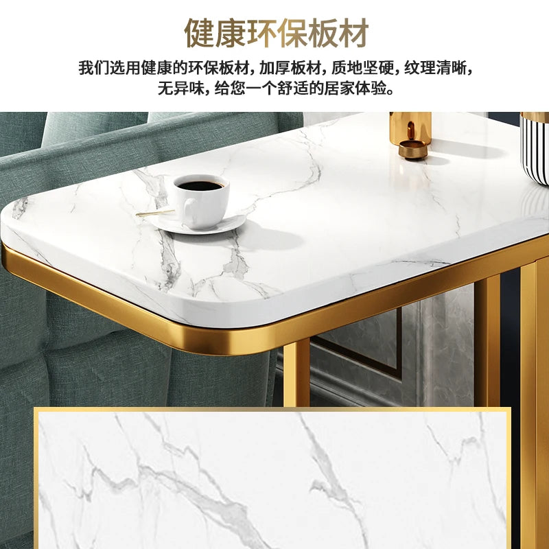 Marble-Inspired Side Table Gold Framework — White | KIMLUD