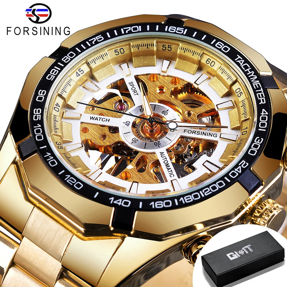 Forsining 2025 Stainless Steel Waterproof Mens Skeleton Watches Top Brand Luxury Transparent Mechanical Sport Male Wrist Watches