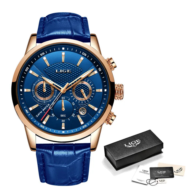 2025 New Mens Watches LIGE Top Brand Leather Chronograph Waterproof Sport Automatic Date Quartz Watch For Men Relogio Masculino