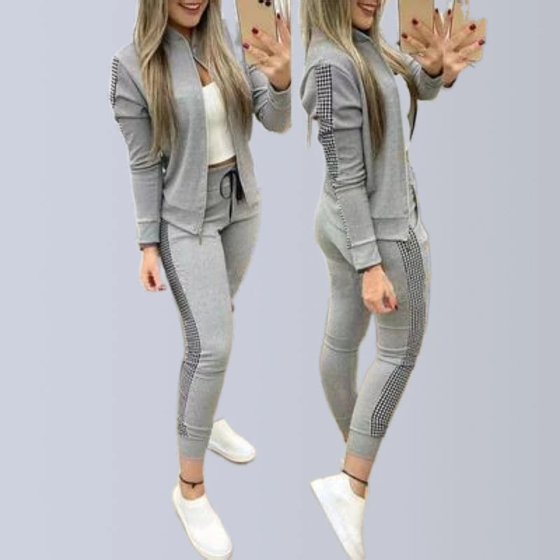 Autumn Women's Sportswear Two-Piece Set with Patches Waterproof Polyester/Cotton Athleisure Joggers & Coat Pants