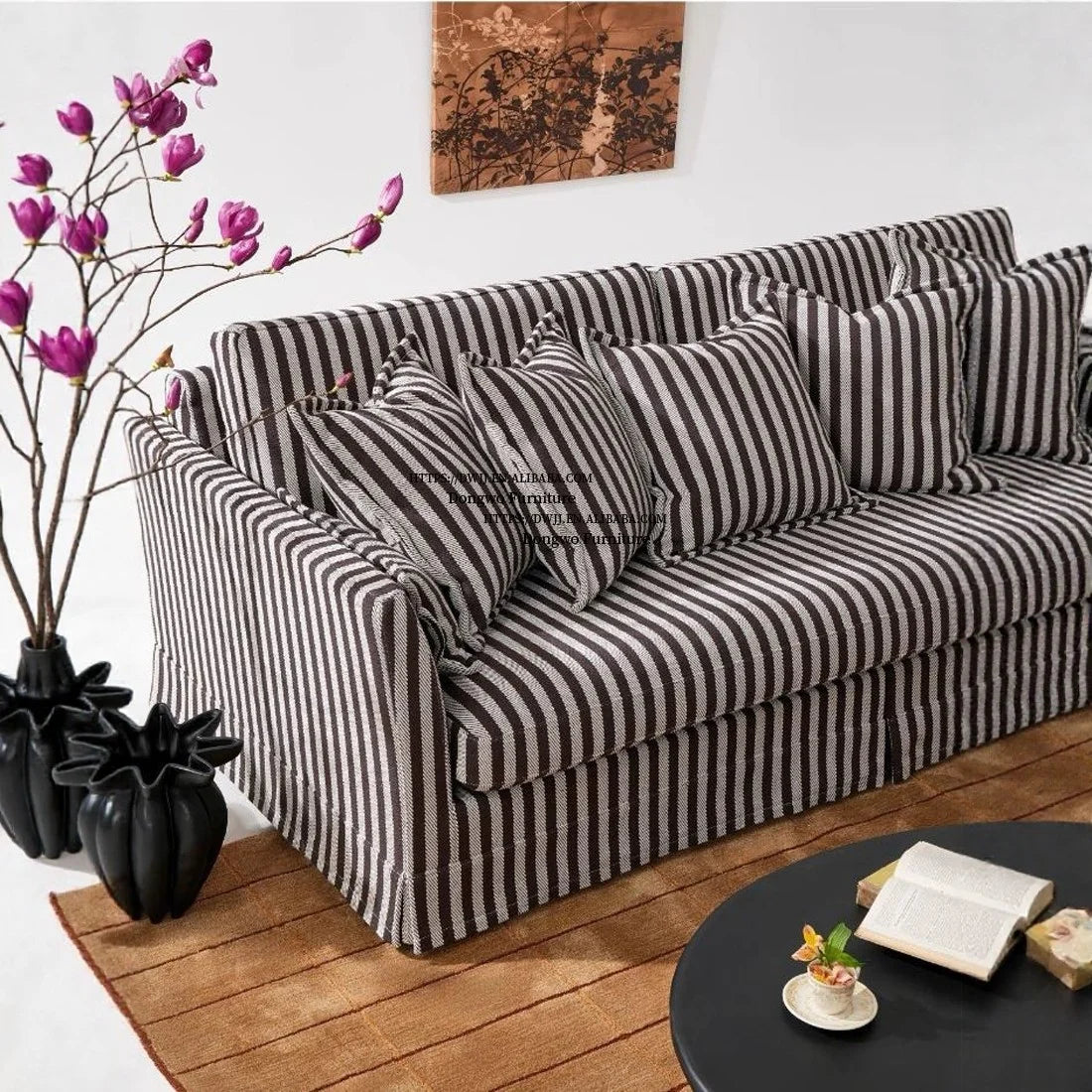 North European and American Style Rural Linen Striped Fabric Three Seater Sofa, Fully Disassembled and Washed Furniture