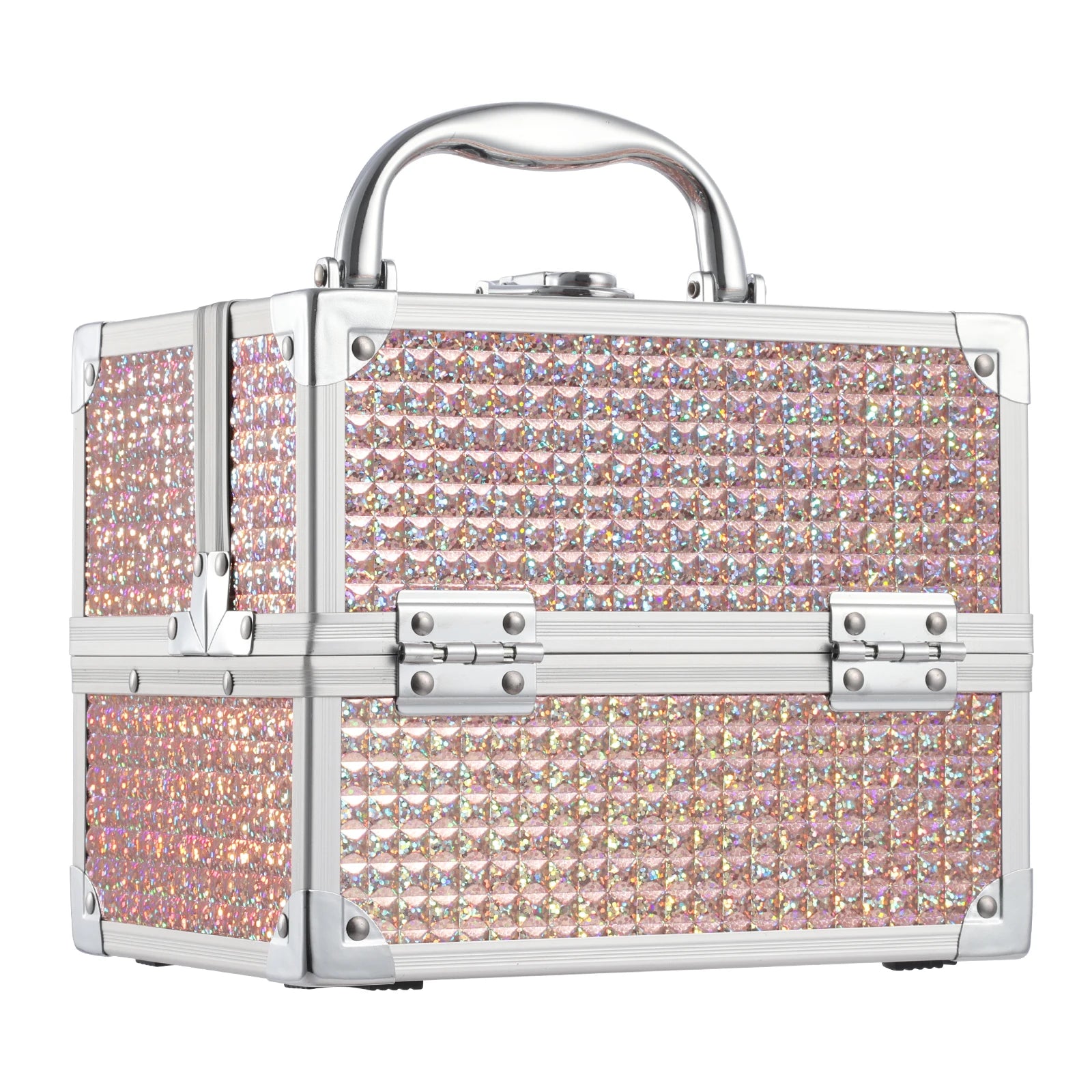 Fashionable Girls Cosmetic Case with Mirror for Artist 2 Trays Lockable Aluminum Makeup Train Case Travel Beauty Storage Case