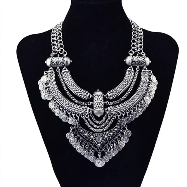 Boho Long Maxi Coin Necklace Women Vintage Ethnic Statement Big Collar Tassel Choker Necklace Femme Silvery Gypsy Jewellery