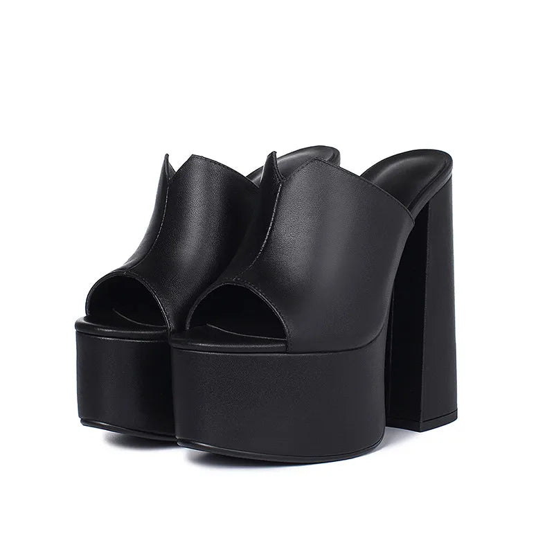 Genuine Leather Sandals Platform 8cm Heel — Black | KIMLUD