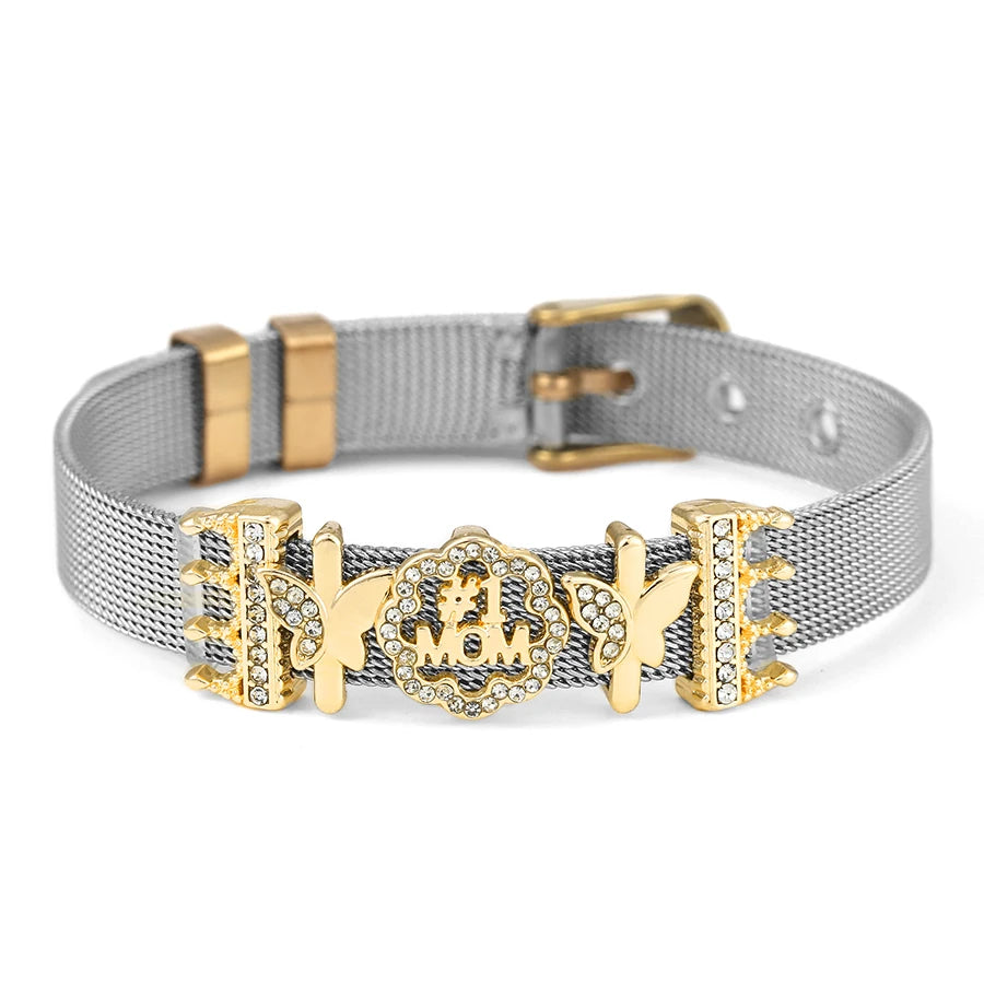 DINGLLY Two-tone Stainless Steel Mesh Bracelets For Women Men Love Heart Beaded 10mm Ribbon Mesh Bracelet & Bangle Gifts