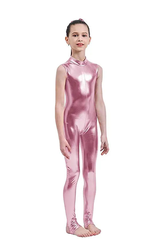 Kids Dance Unitard – Mock Neck – Shiny Metallic Fabric – Metallic | KIMLUD
