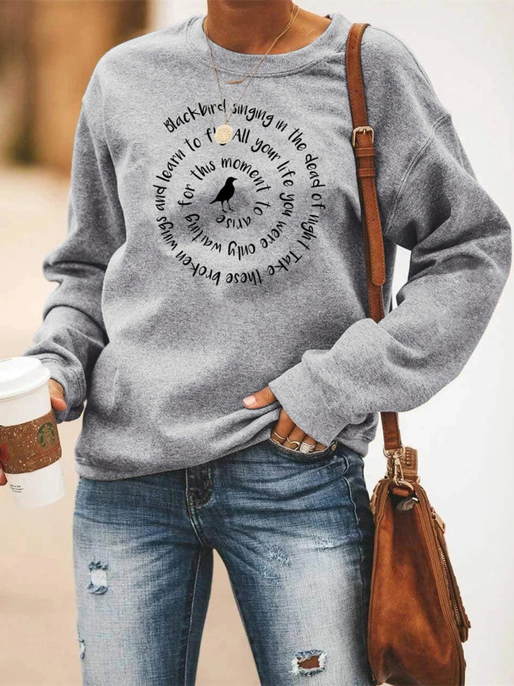 Women Crewneck Sweatshirt - Letter Print - Cotton Polyester - Black | KIMLUD