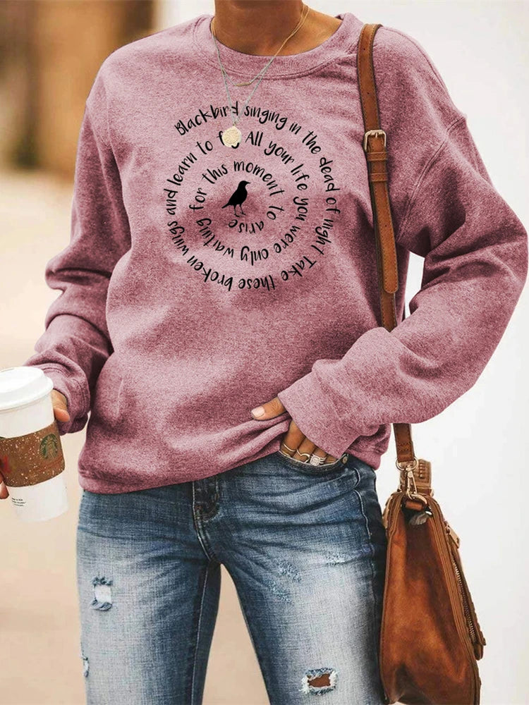 Women Crewneck Sweatshirt - Letter Print - Cotton Polyester - Black | KIMLUD