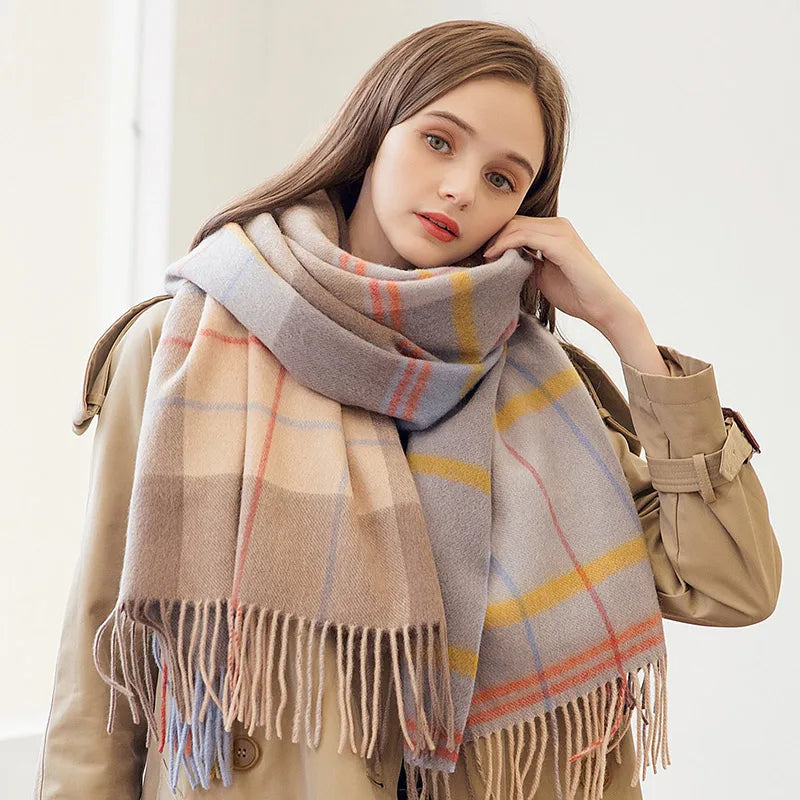 Lambswool Scarf Checkered Camel Plaid — Camel | KIMLUD