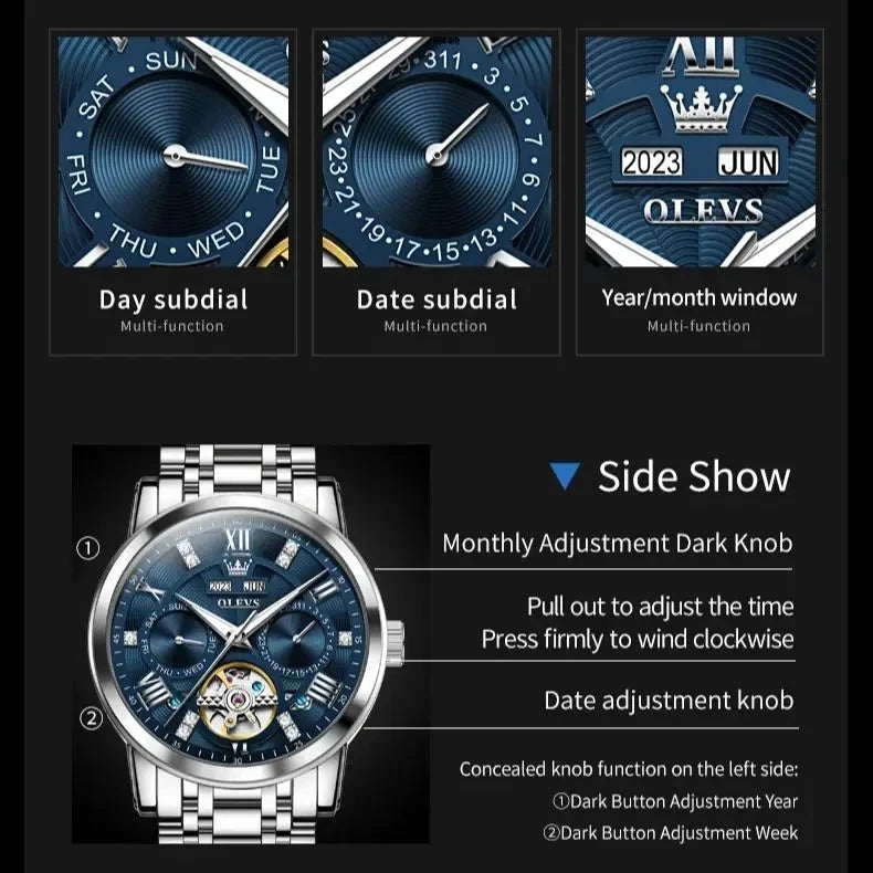 OLEVS 6701 Business Luminous Multifunction Hollow Out Full Automatic Watch for Men Stainless Steel Tourbillon Mechanical Watches