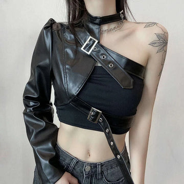 KIMLUD, Women Fashion Punk Style Crop Tops Cool Single Long Sleeve Neck Hanger Leather Belt Connected Tops Streetwear Jackets, KIMLUD Womens Clothes