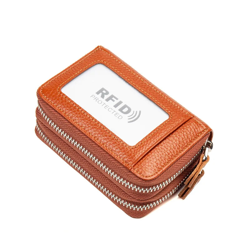 Genuine Leather Wallets RFID Blocking Double Zipper — Black | KIMLUD