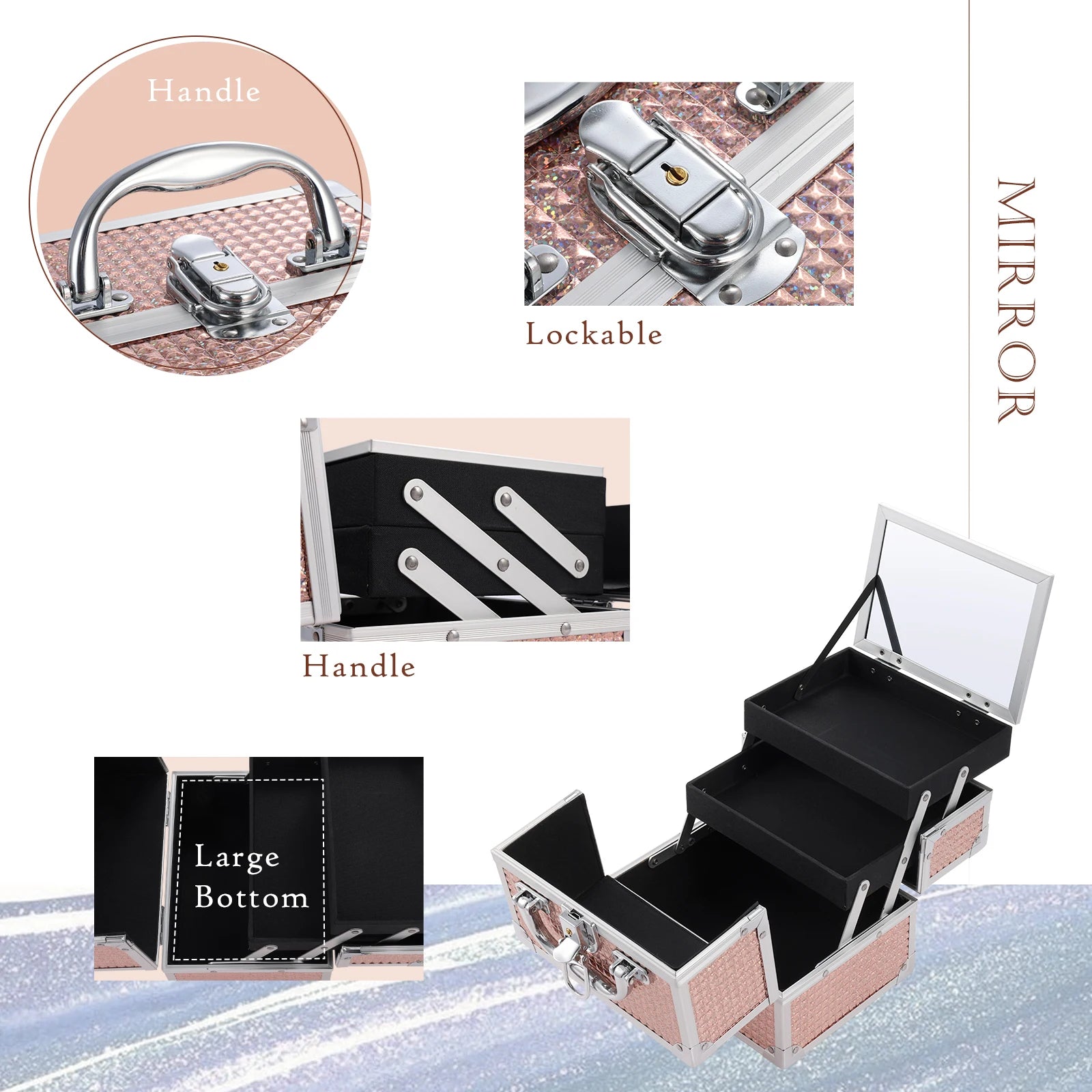 Fashionable Girls Cosmetic Case with Mirror for Artist 2 Trays Lockable Aluminum Makeup Train Case Travel Beauty Storage Case