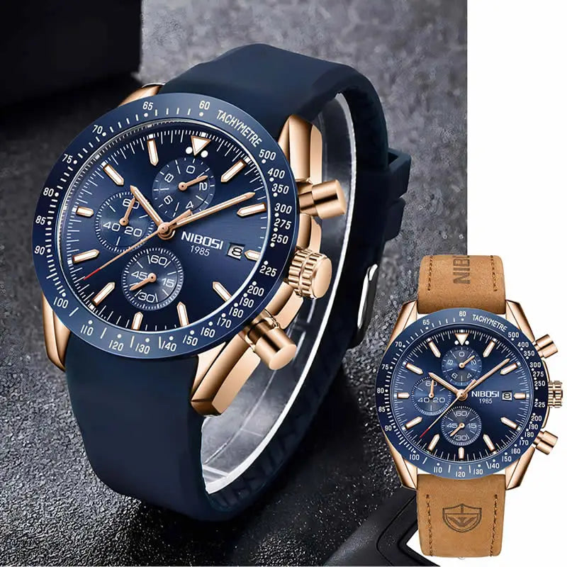 NIBOSI 2615 Business Style Men Watch Luminous Real Leather Band Wristwatch Silicone Strap Chronograph Quartz Watches