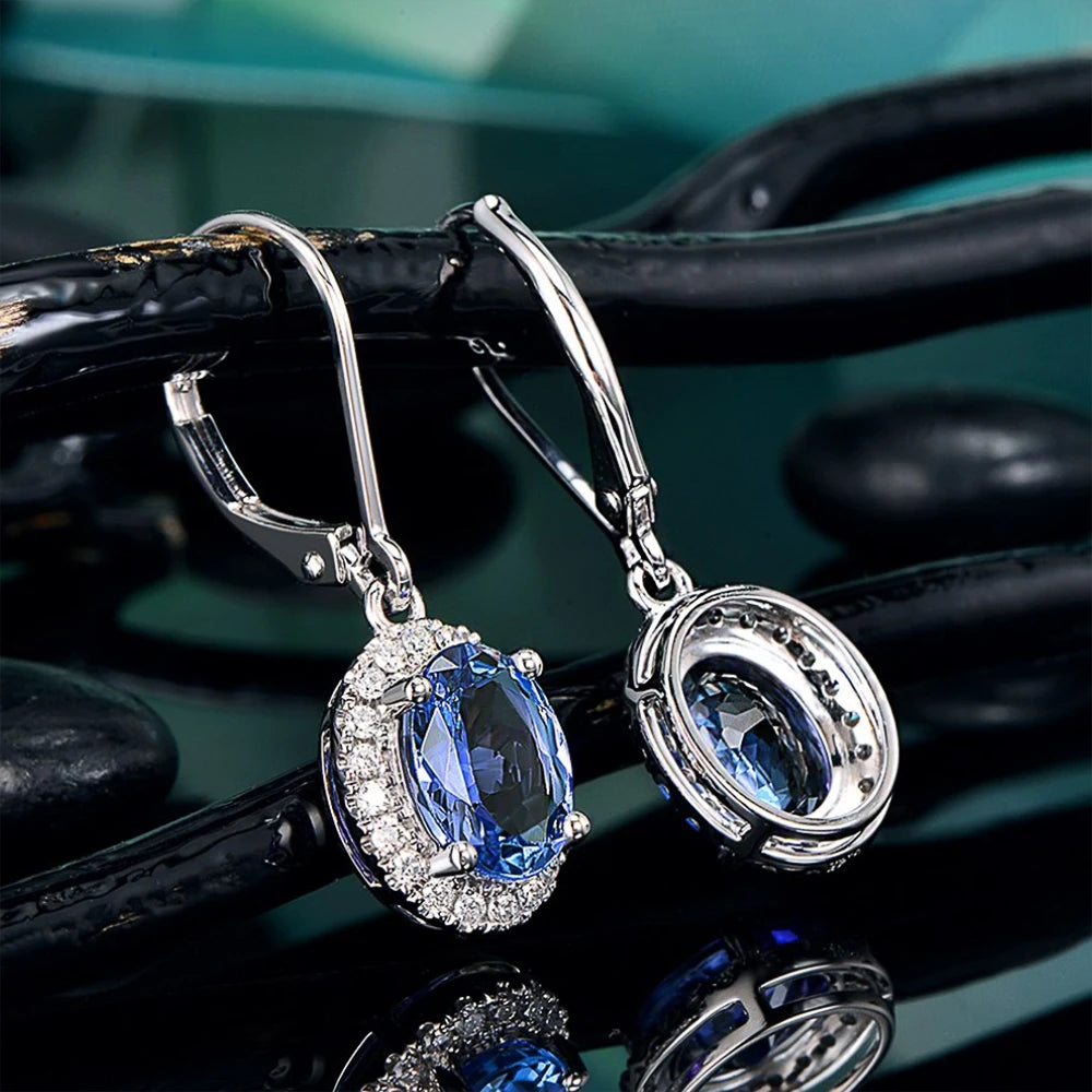 Cubic Zirconia Drop Earrings Oval Halo — Blue | KIMLUD