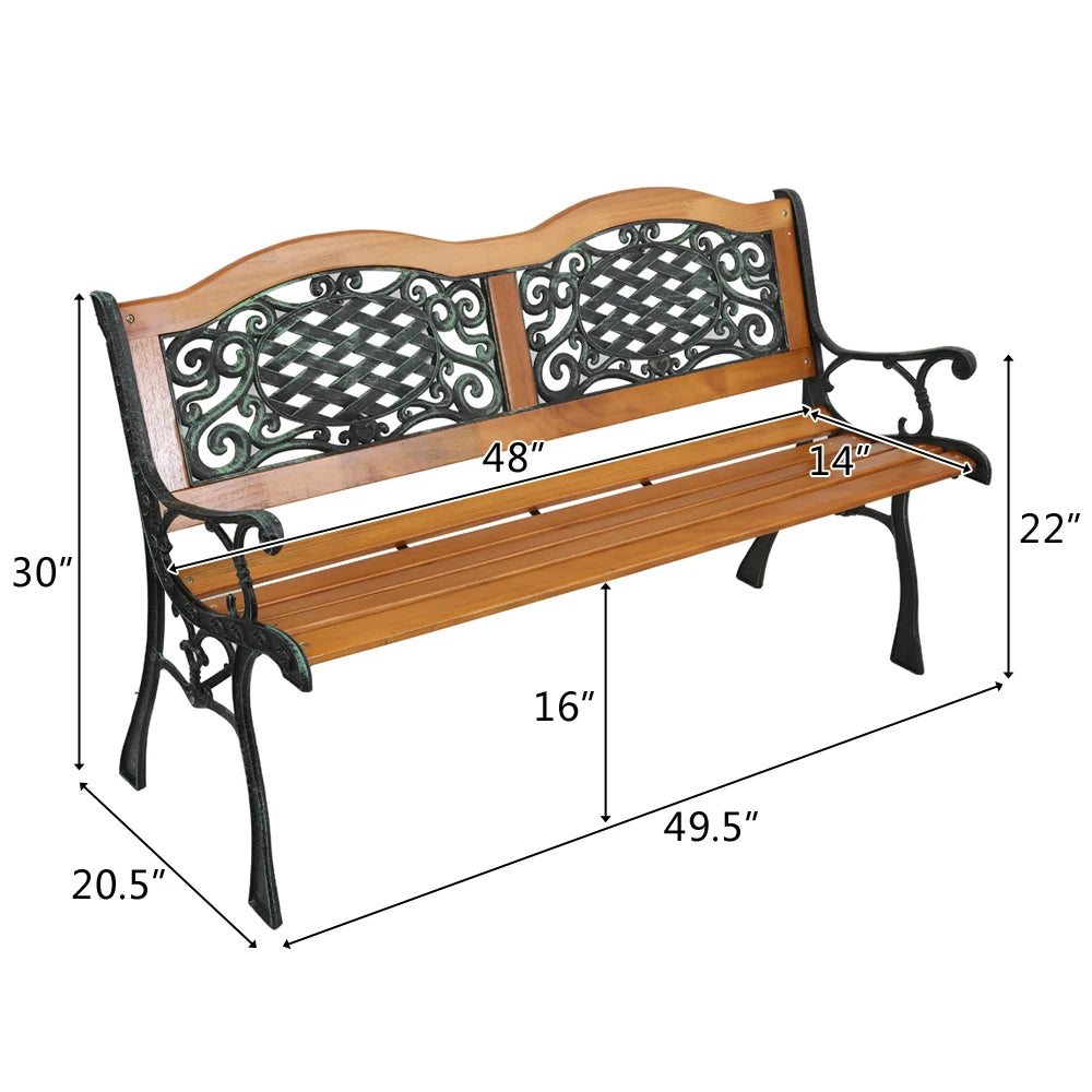 Modern 49" Outdoor Patio Park Garden Bench Furniture with Hardwood Slats and Cast Iron Frame