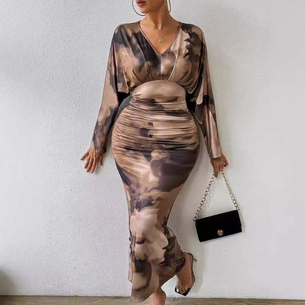 V-Neck Pleated Dress Long Sleeve — Cocoa Brown | KIMLUD