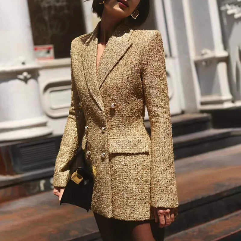 Leather Jacket With Refined Plaid-Weave Texture And Sculpted Silhouette — Golden-Beige | KIMLUD