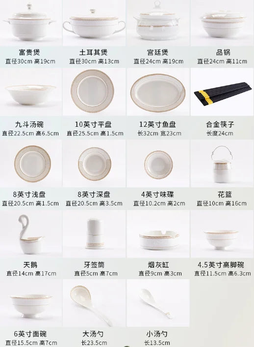 Bone China Tableware Set 60-Piece With Gold Hand-Painting — White | KIMLUD