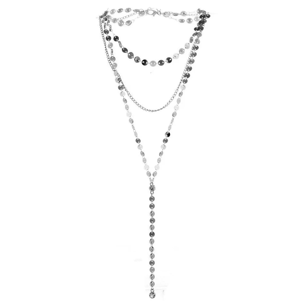 Stainless Steel Sexy Multilayer Sequins Chain Tassel Crystal Pendant  Necklace For Woman Y Shape Disc Choker Necklace