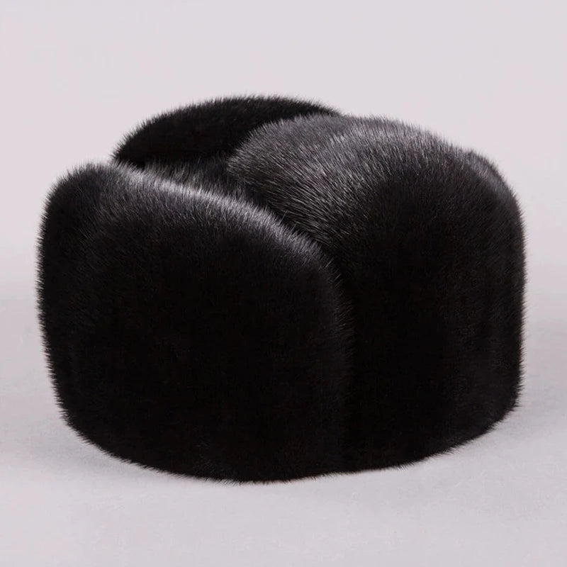Genuine Leather Aviator Hat With Full Mink Fur — Black | KIMLUD