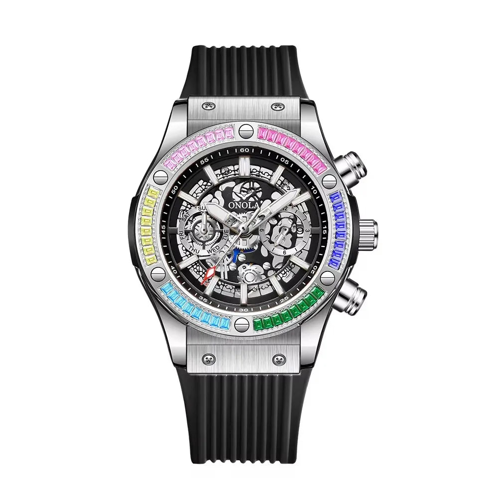 Silicone Luminous Sport Watch Mechanical Movement Chronograph Day Date — Bright Orange | KIMLUD