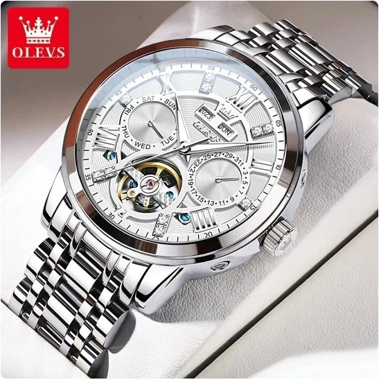 OLEVS 6701 Business Luminous Multifunction Hollow Out Full Automatic Watch for Men Stainless Steel Tourbillon Mechanical Watches