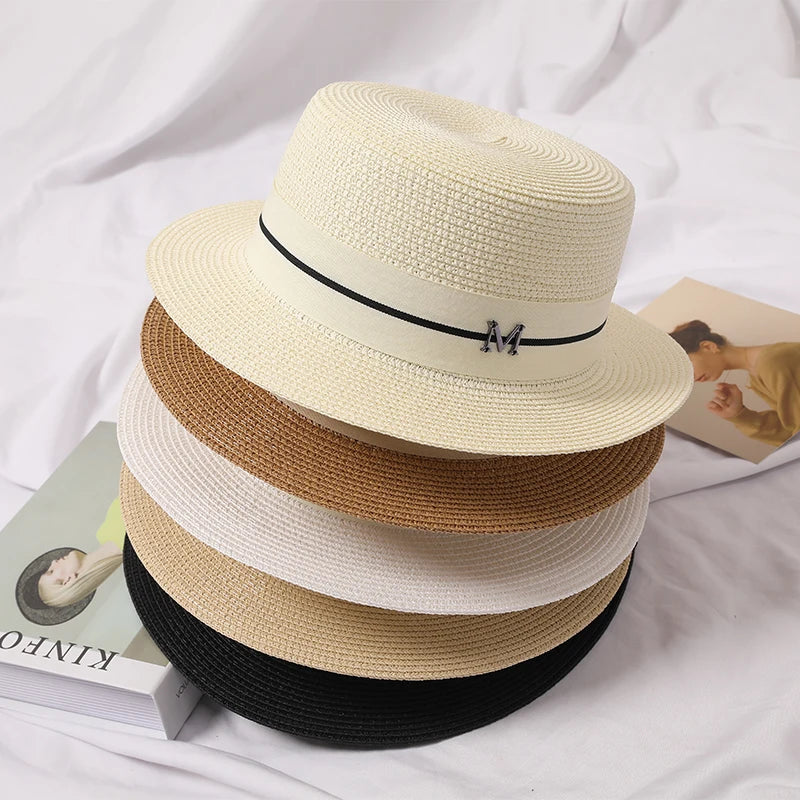 2022 New Summer Women's Boater Beach Hat Wide brim Female   Panama Hat Lady Classic Flat Bowknot Straw Sun Hat Women Fedora Hats