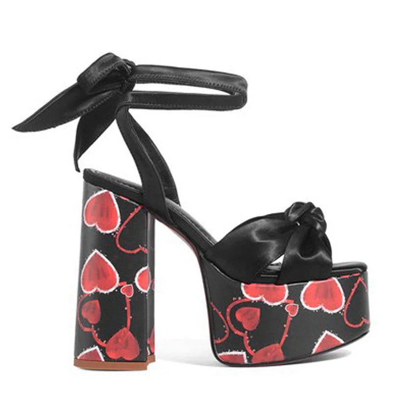 Microfiber Platform High Heel Sandals With Bow — Red | KIMLUD