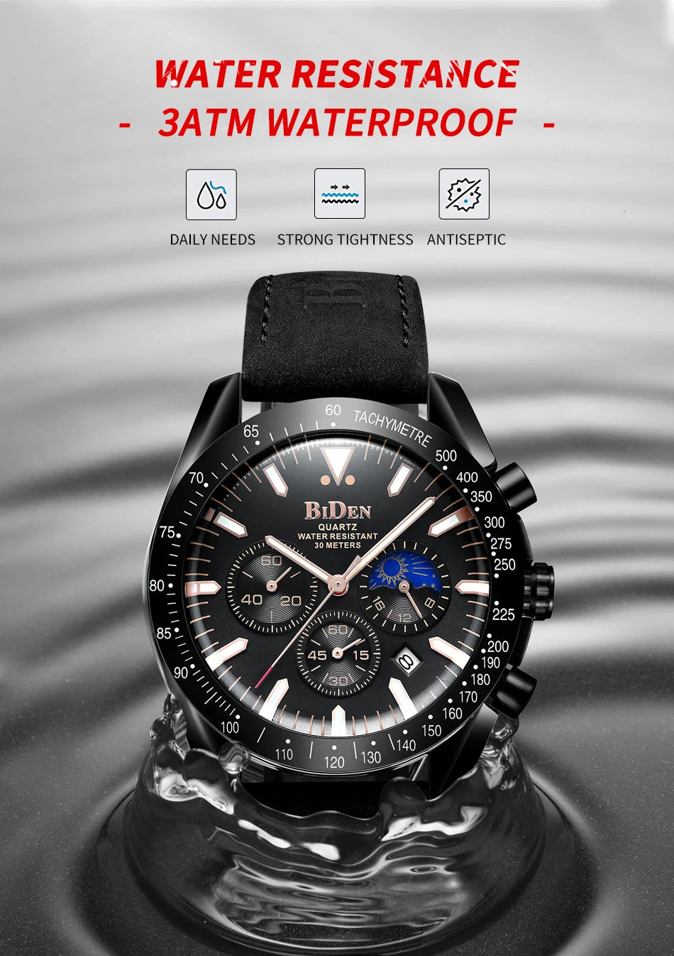 Leather Chronograph Watch Moon Phase — Black | KIMLUD