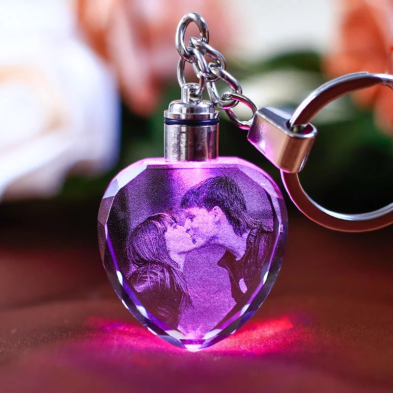 Personalized Customized Logo Pattern Crystal Key Chains Gift Decoration Laser Engraved Pictures with Colorful Light
