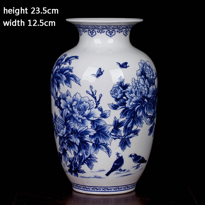 Jingdezhen Ceramic New Chinese Peony Flower Vase Blue And White Porcelain Ornaments Lliving Room Fine Bone China Vase Decoration