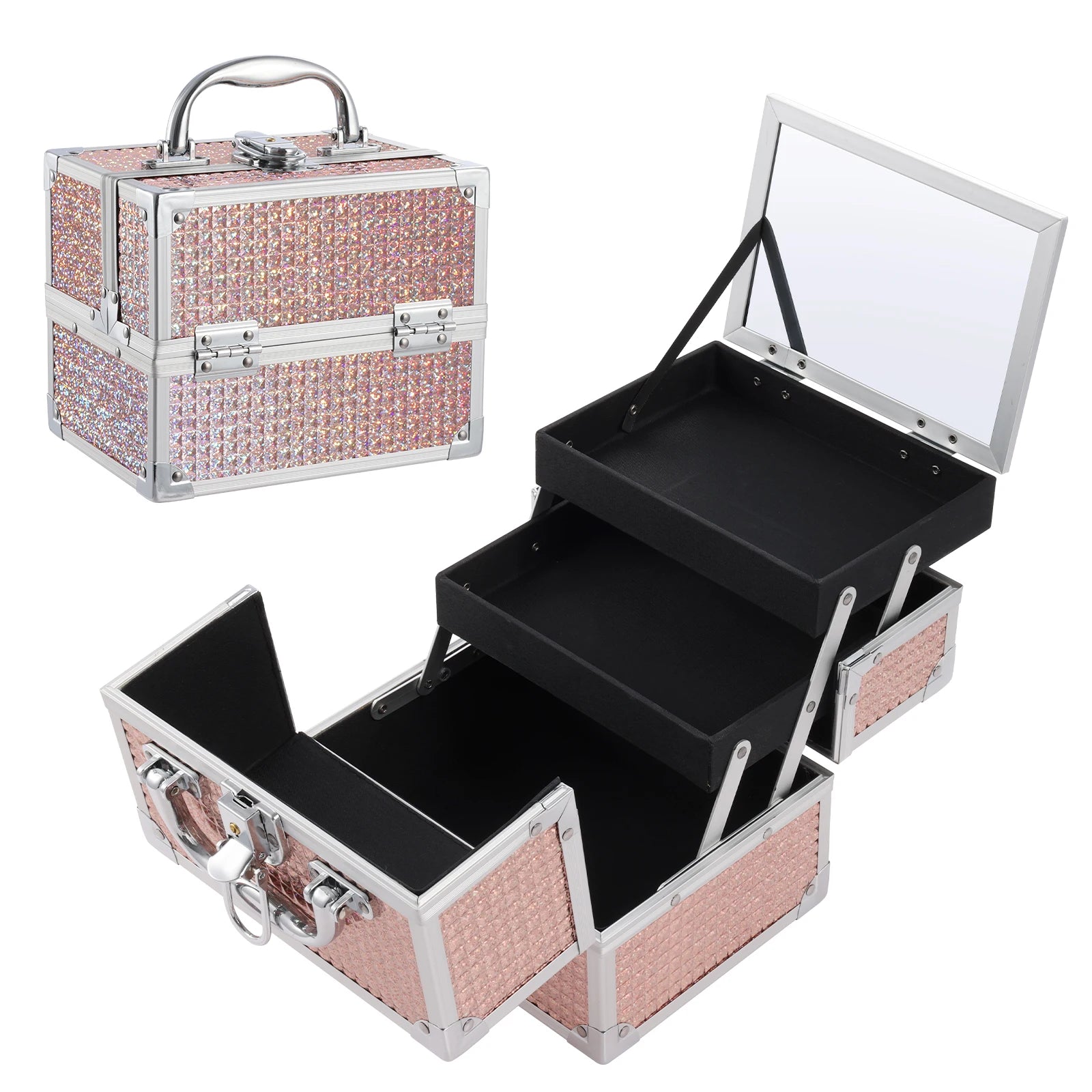 Fashionable Girls Cosmetic Case with Mirror for Artist 2 Trays Lockable Aluminum Makeup Train Case Travel Beauty Storage Case